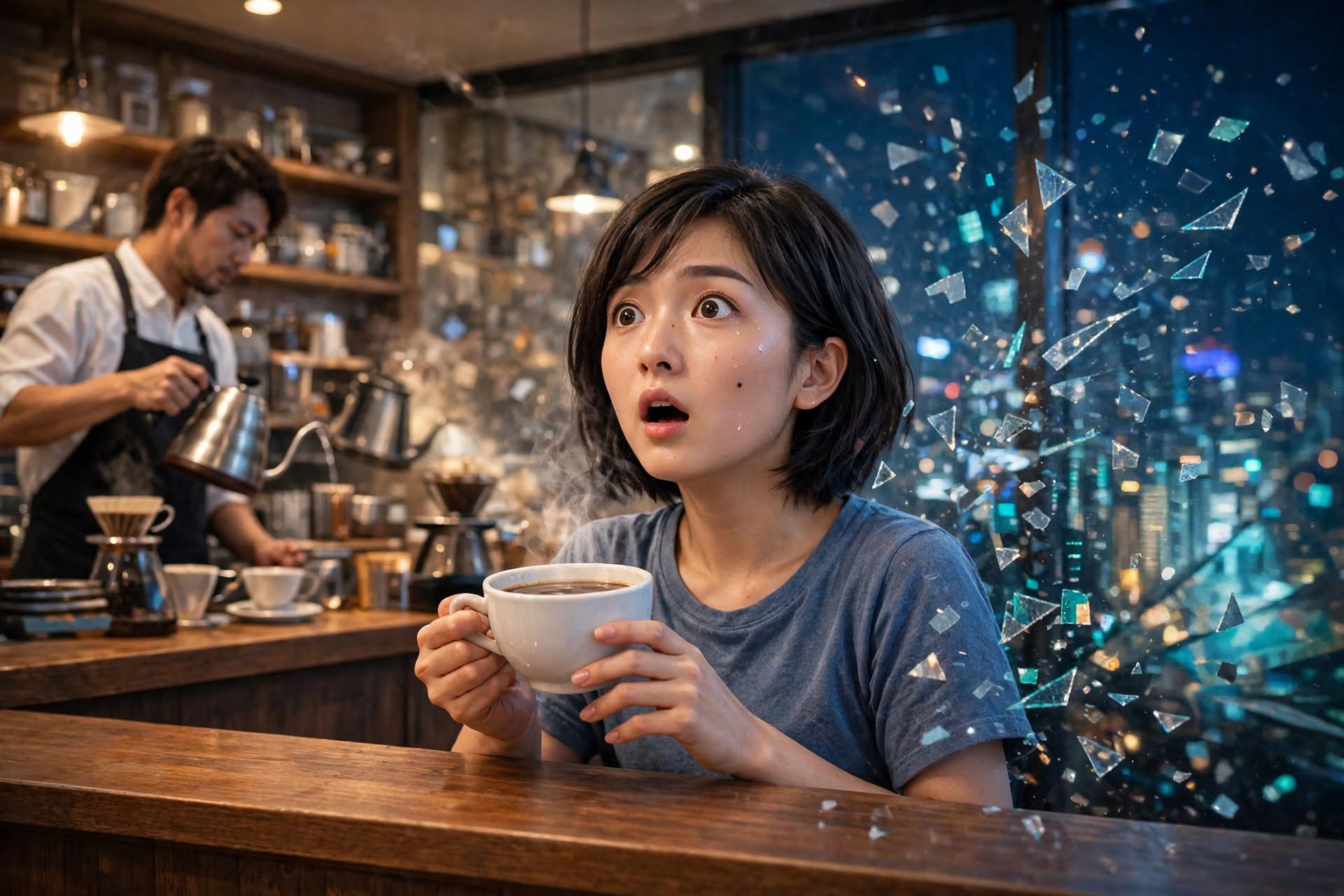 喫茶店で驚いた表情を浮かべる女性のイメージ