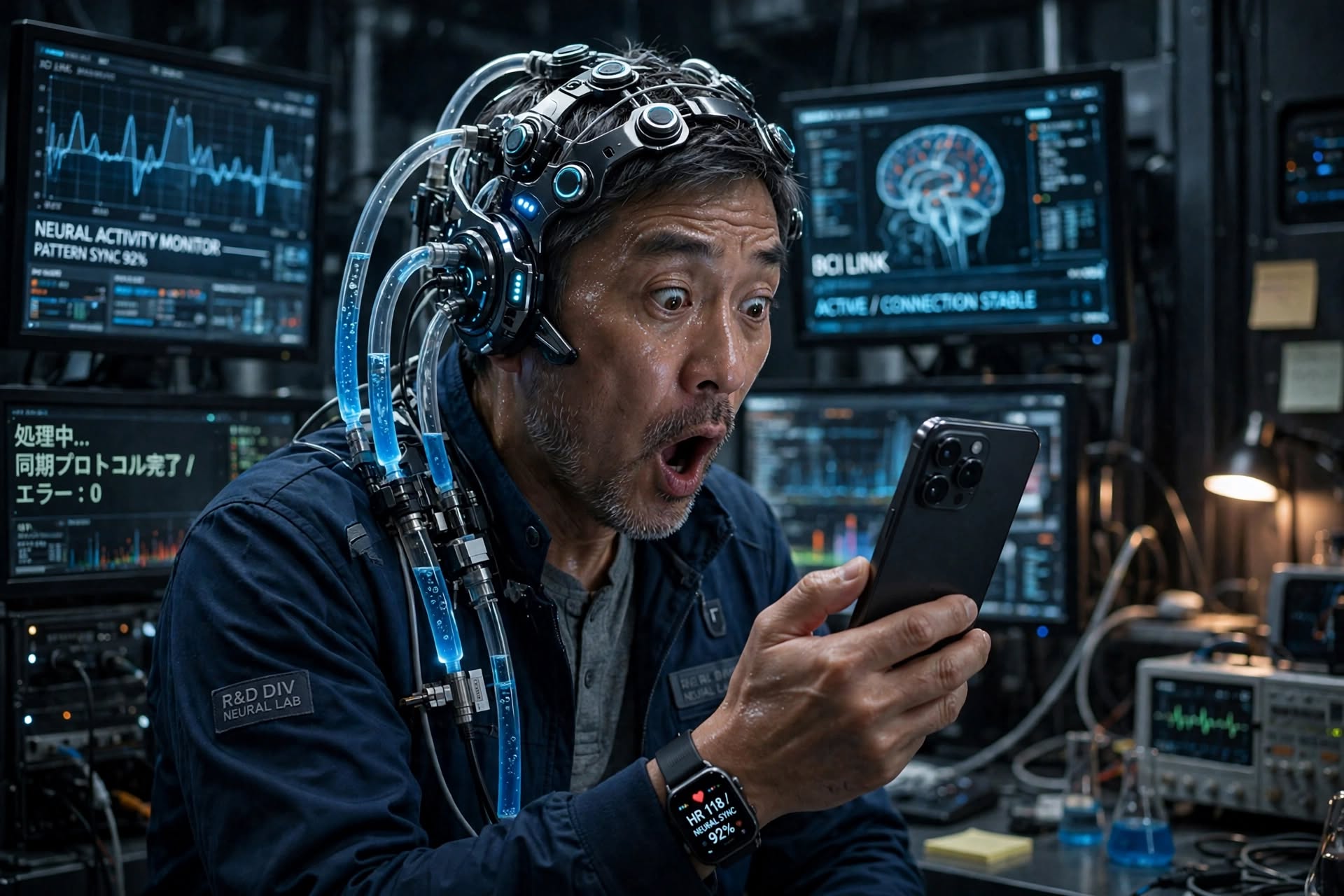 脳波モニターを背景にスマートフォンを見る男性のイメージ
