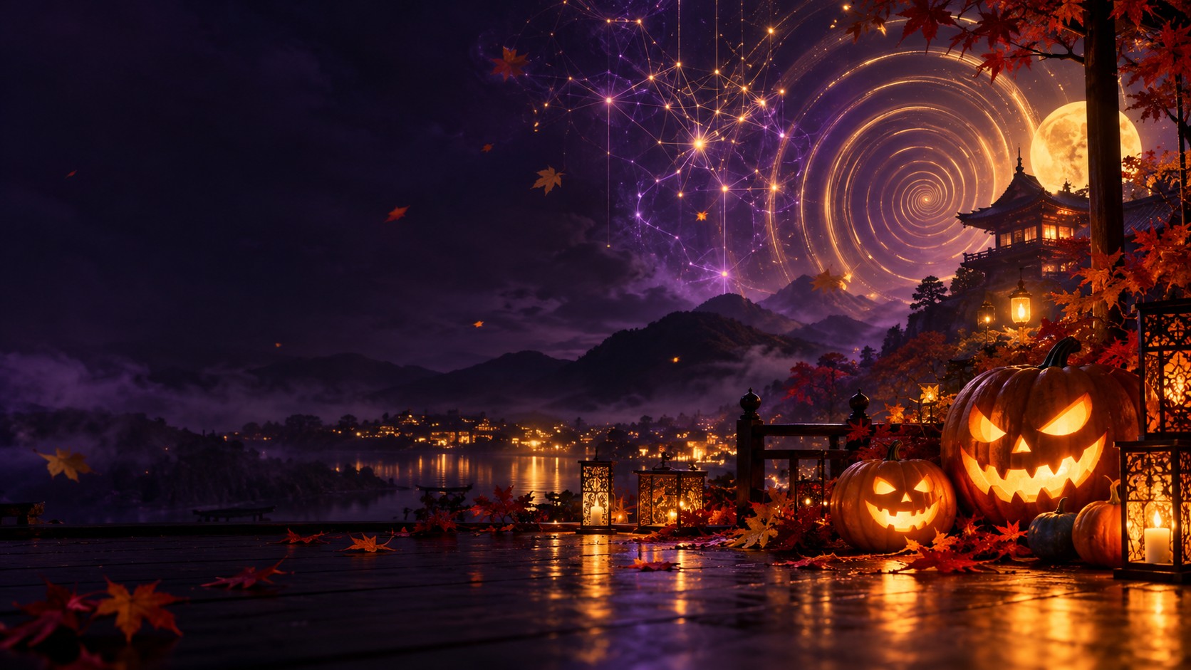 秋の夜空に浮かぶ催眠の光とAIネットワーク、灯りのともるハロウィンのかぼちゃ